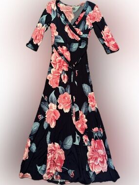 Janette Fashion Sz Medium Dark Navy Maxi Dress with Pink Rose/Green Leaf w/belt